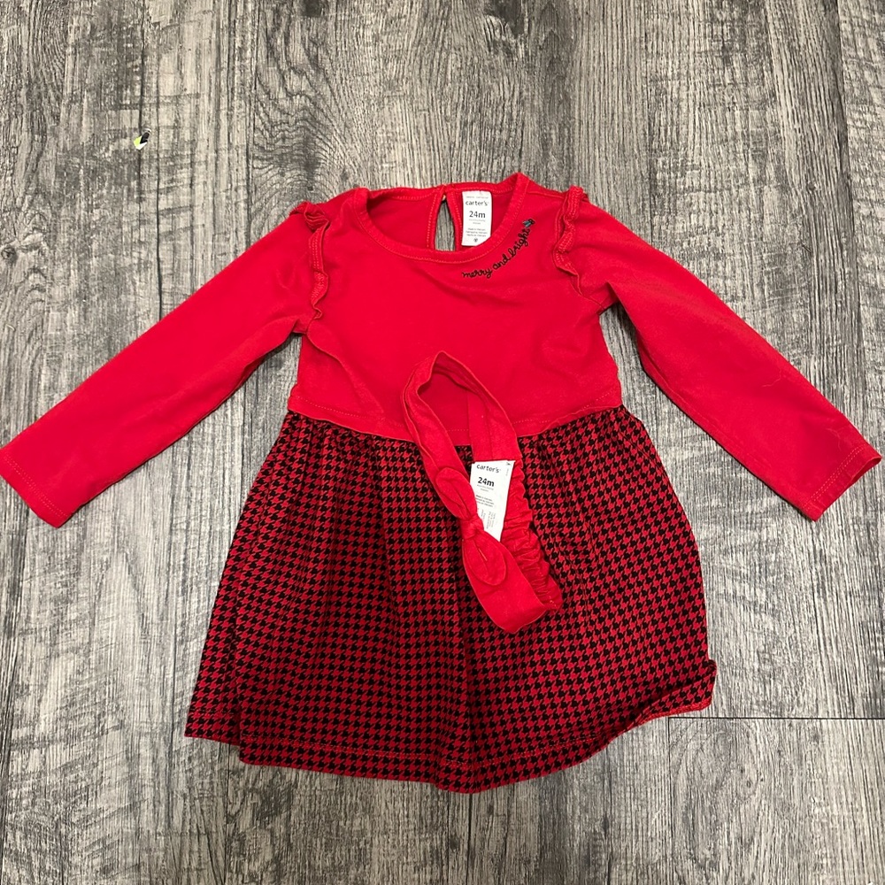 Carter’s baby girl Merry & Bright Houndstooth Christmas Dress and Headband 24 mo